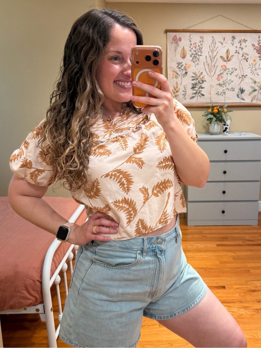 Anthropologie Current Air Cropped Puff-Sleeve Top in Tan Fern Print XS